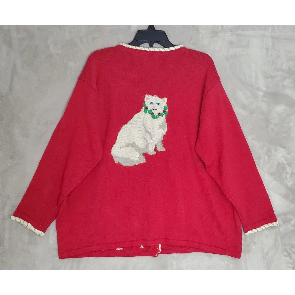Storybook Knits Sweater Womens 2XL Red Christmas Siamese Cat Cardigan NWT - Picture 5 of 7